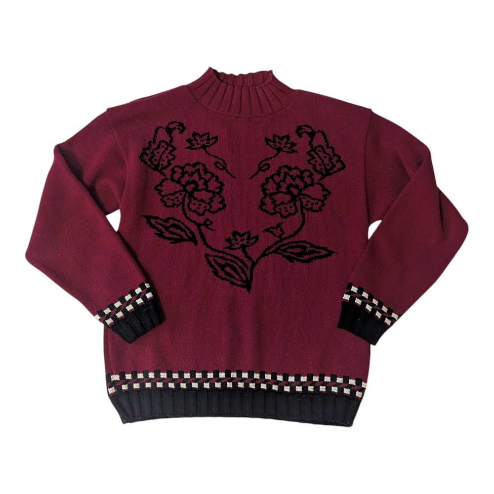 VTG Beldoch Popper Cranberry Floral Knit Pullover Mock Neck Sweater Women's M*